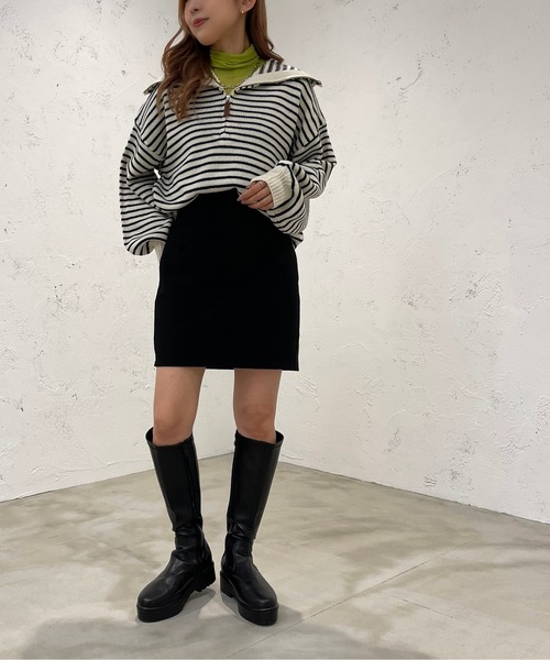 apres jour mignon（アプレジュールミニョン）の「ハーフジップボーダーニット【ZOZOTOWN限定アイテム】（ニット/セーター・レディース・ブラック/イエロー/アイボリー・X-LARGE/フリー）」の8枚目の写真