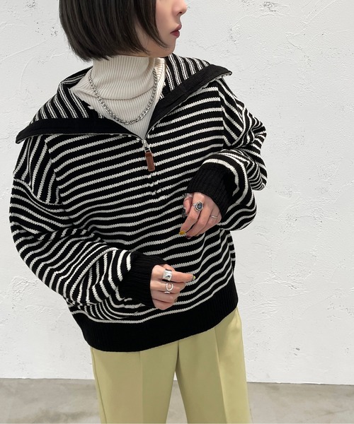 apres jour mignon（アプレジュールミニョン）の「ハーフジップボーダーニット【ZOZOTOWN限定アイテム】（ニット/セーター・レディース・ブラック/イエロー/アイボリー・X-LARGE/フリー）」の12枚目の写真