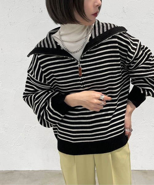 apres jour mignon（アプレジュールミニョン）の「ハーフジップボーダーニット【ZOZOTOWN限定アイテム】（ニット/セーター・レディース・ブラック/イエロー/アイボリー・X-LARGE/フリー）」の14枚目の写真