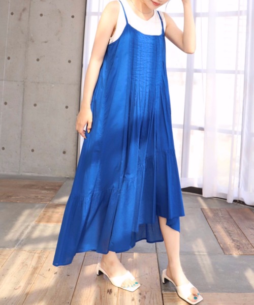 moment+（モーメントプラス）の「インド綿100％コットンボイル ピンタックキャミワンピース（裏地付き）（ワンピース・レディース・ブラック/レッド/ブルー/イエロー×グリーン・FREE）」の9枚目の写真