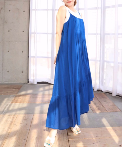 moment+（モーメントプラス）の「インド綿100％コットンボイル ピンタックキャミワンピース（裏地付き）（ワンピース・レディース・ブラック/レッド/ブルー/イエロー×グリーン・FREE）」の5枚目の写真