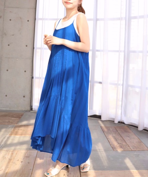 moment+（モーメントプラス）の「インド綿100％コットンボイル ピンタックキャミワンピース（裏地付き）（ワンピース・レディース・ブラック/レッド/ブルー/イエロー×グリーン・FREE）」の6枚目の写真