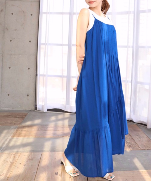 moment+（モーメントプラス）の「インド綿100％コットンボイル ピンタックキャミワンピース（裏地付き）（ワンピース・レディース・ブラック/レッド/ブルー/イエロー×グリーン・FREE）」の7枚目の写真