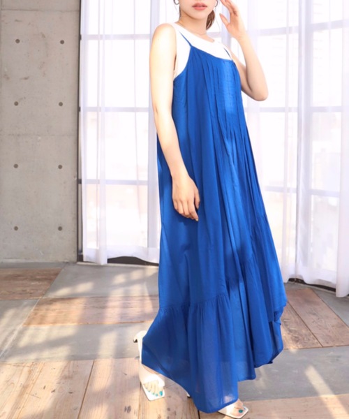 moment+（モーメントプラス）の「インド綿100％コットンボイル ピンタックキャミワンピース（裏地付き）（ワンピース・レディース・ブラック/レッド/ブルー/イエロー×グリーン・FREE）」の8枚目の写真