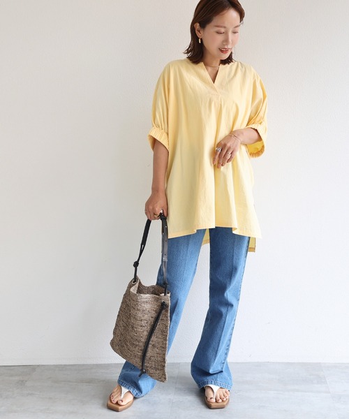 andme(アンドミー)の「ワッシャーコットン袖ギャザースキッパーブラウス(シャツ/ブラウス・レディース・オフホワイト/ライトベージュ/ネイビー/イエロー/オレンジ・M)」の6枚目の写真