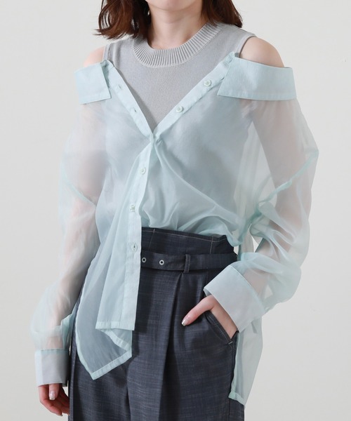 Cheek(チーク)の「シアーシャツ+ノースリニットプルオーバー(シャツ/ブラウス・レディース・ベージュ/サックスブルー/グリーン・MEDIUM)」の3枚目の写真
