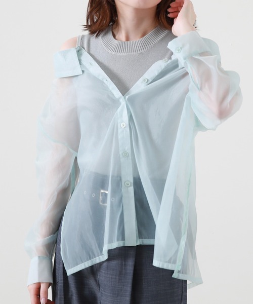 Cheek(チーク)の「シアーシャツ+ノースリニットプルオーバー(シャツ/ブラウス・レディース・ベージュ/サックスブルー/グリーン・MEDIUM)」の9枚目の写真