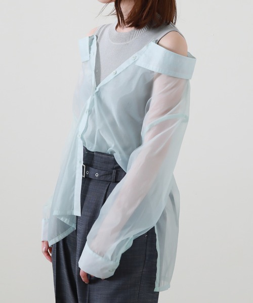 Cheek(チーク)の「シアーシャツ+ノースリニットプルオーバー(シャツ/ブラウス・レディース・ベージュ/サックスブルー/グリーン・MEDIUM)」の8枚目の写真