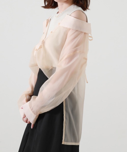 Cheek(チーク)の「シアーシャツ+ノースリニットプルオーバー(シャツ/ブラウス・レディース・ベージュ/サックスブルー/グリーン・MEDIUM)」の14枚目の写真