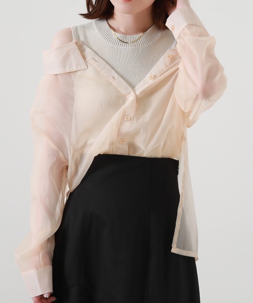 Cheek(チーク)の「シアーシャツ+ノースリニットプルオーバー(シャツ/ブラウス・レディース・ベージュ/サックスブルー/グリーン・MEDIUM)」の15枚目の写真