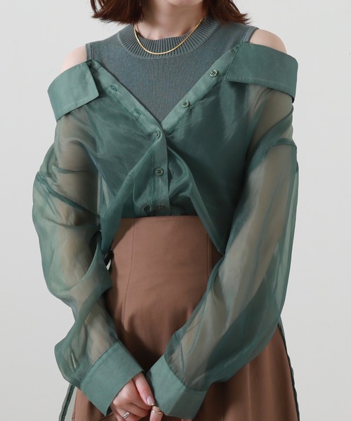 Cheek(チーク)の「シアーシャツ+ノースリニットプルオーバー(シャツ/ブラウス・レディース・ベージュ/サックスブルー/グリーン・MEDIUM)」の19枚目の写真