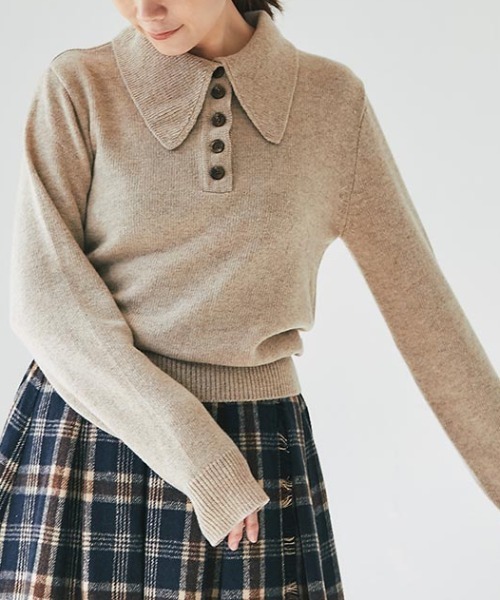 and R（アンドアール）の「ビッグカラーニットプルオーバー（ニット/セーター・レディース・ベージュ/イエロー/ブラック・FREE）」の2枚目の写真