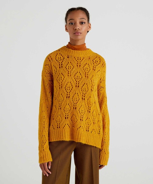 ユナイテッド カラーズ オブ ベネトン UNITED COLORS OF BENETTON. レース編みクルーネックニット・セーター （654） BENETTON (UNITED COLORS OF BENETTON)（ベネトンユナイテッド