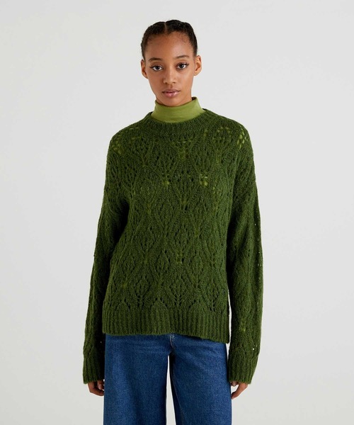 ユナイテッド カラーズ オブ ベネトン UNITED COLORS OF BENETTON. レース編みクルーネックニット・セーター （654） BENETTON (UNITED COLORS OF BENETTON)（ベネトンユナイテッド