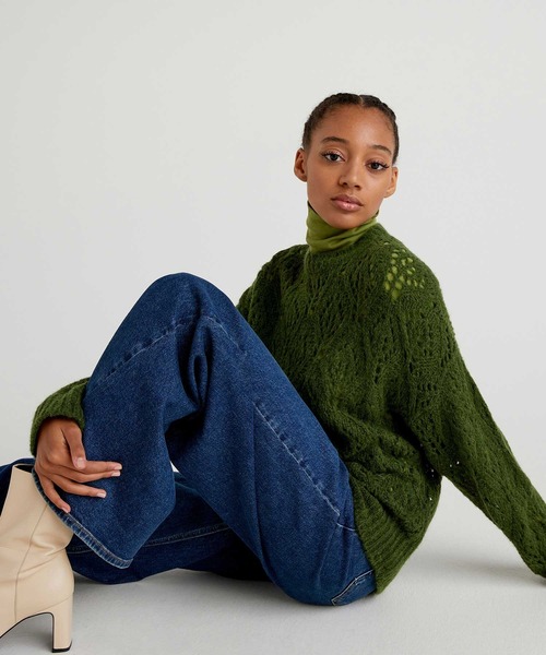 BENETTON (UNITED COLORS OF BENETTON)（ベネトンユナイテッドカラーズオブベネトン）の「レース編みクルーネックニット・セーター（ニット/セーター・レディース・イエロー/ブラウン/グリーン・MEDIUM/SMALL/X-SMALL/LARGE）」の4枚目の写真