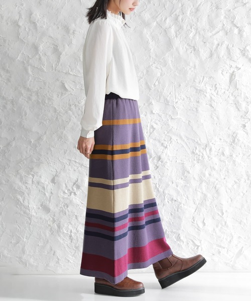 osharewalker（オシャレウォーカー）の「【廃盤】『マルチボーダー柄ニットスカート』（スカート・レディース・杢グレー/パープル・2/1）」の6枚目の写真