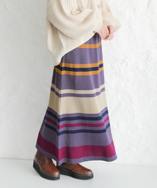 osharewalker（オシャレウォーカー）の「【廃盤】『マルチボーダー柄ニットスカート』（スカート・レディース・杢グレー/パープル・2/1）」の8枚目の写真