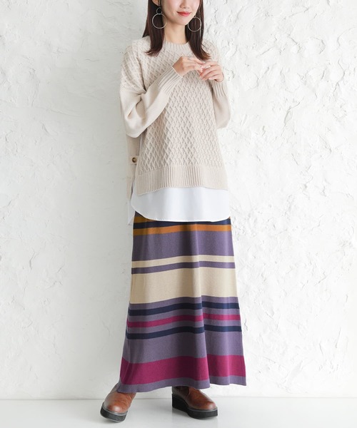 osharewalker（オシャレウォーカー）の「【廃盤】『マルチボーダー柄ニットスカート』（スカート・レディース・杢グレー/パープル・2/1）」の9枚目の写真