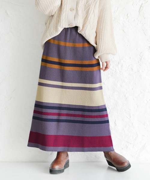 osharewalker（オシャレウォーカー）の「【廃盤】『マルチボーダー柄ニットスカート』（スカート・レディース・杢グレー/パープル・2/1）」の3枚目の写真
