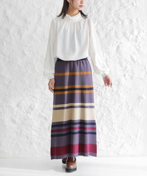 osharewalker（オシャレウォーカー）の「【廃盤】『マルチボーダー柄ニットスカート』（スカート・レディース・杢グレー/パープル・2/1）」の5枚目の写真