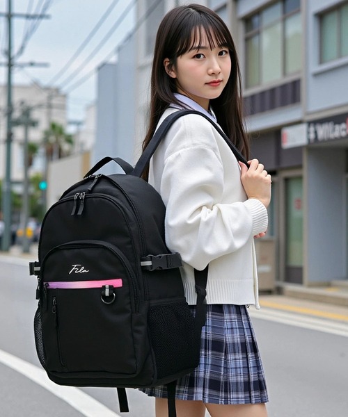 FILA（フィラ）の「FILA/フィラ 大容量リュックサック PC収納可能 A4 デイーバッグ スクールリュック バッグパック 30L 筆記体刺繍（バックパック/リュック・レディース・ブラック/ブラック×ピンク/ブラック×パープル・FREE）」の18枚目の写真