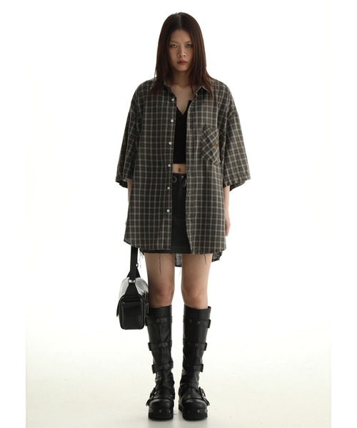 MASONPRINCE（メイソンプリンス）の「オーバーサイズ ワンポイントロゴ 半袖チェックシャツ DCS2037【MASONPRINCE】（シャツ/ブラウス・メンズ・ブラウン系その他/グリーン系その他・L/M/S）」の5枚目の写真