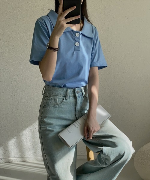 MAISON DE THERESE（メゾン ド テレーズ）の「ハーフボタンポロシャツ（ポロシャツ・レディース・ピンク/グレー/ブルー/ホワイト/ブラック・M/L/XL）」の8枚目の写真