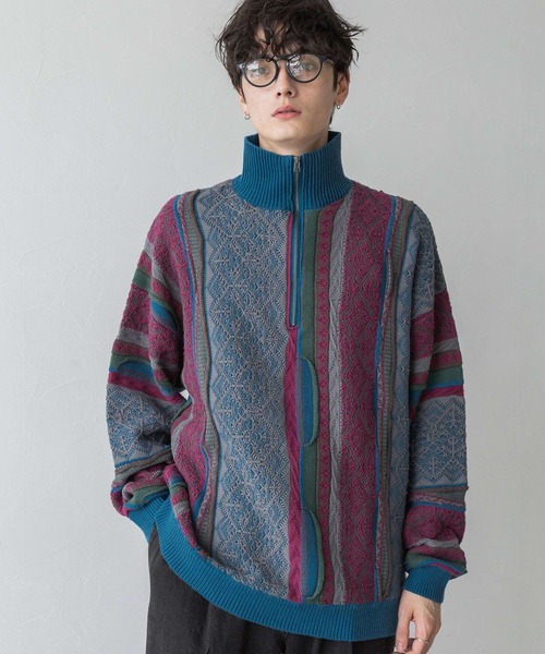 セール】レトロジャガード/ハーフジップニット（ニット/セーター