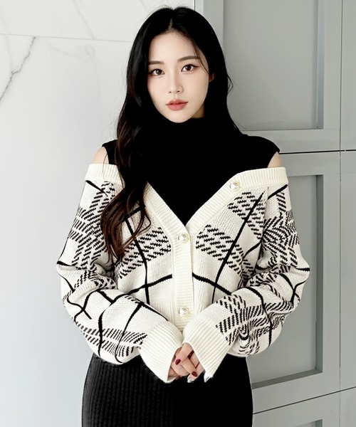 Julia Boutique(ジュリアブティック)の「チェック柄カーディガン×タートルネックニットワンピースセット(ワンピース・レディース・オフホワイト/ブラック・ONE)」の19枚目の写真