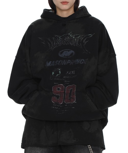 MASONPRINCE(メイソンプリンス)の「オーバーサイズ ダメージ&汚れ加工 ナンバリング 両面プリント プルオーバーパーカー WY6356【MASONPRINCE】(パーカー・メンズ・アイボリー/ブラック/ブルー・L/S/M)」の14枚目の写真