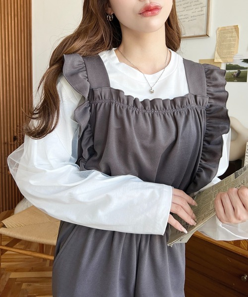 moment+（モーメントプラス）の「カットジョーゼットフリルノースリーブワイドオールインワン（つなぎ/オールインワン・レディース・グレイッシュベージュ/ブラック/チャコールグレー・M/L）」の13枚目の写真