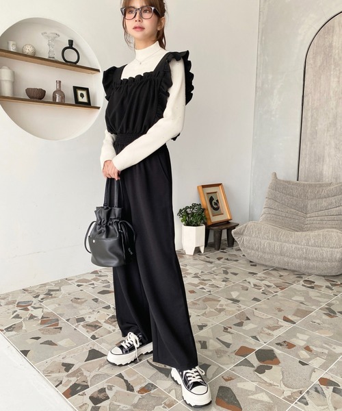 セール】カットジョーゼットフリルノースリーブワイドオールインワン