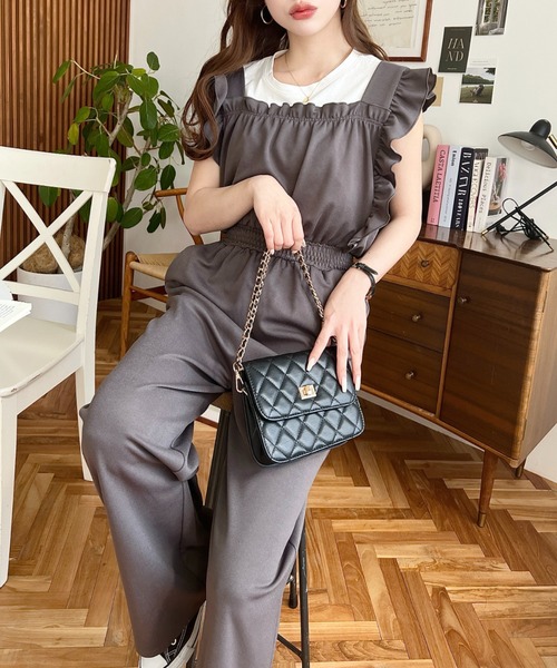 セール】カットジョーゼットフリルノースリーブワイドオールインワン