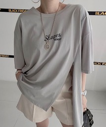 サイドジッパースリットロゴプリントTシャツ