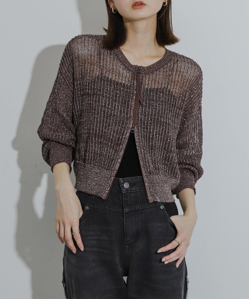 SENSE OF PLACE by URBAN RESEARCH（センスオブプレイスバイアーバンリサーチ）の「『一部WEB限定カラー』ラメメッシュカーディガン（カーディガン/ボレロ・レディース・アイボリー/ライトブルー/ブラック/ブラウン・ONE）」の3枚目の写真
