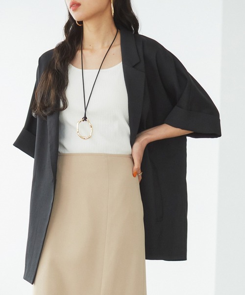 VIS（ビス）の「【接触冷感・洗える】リネンライクドルマンハーフスリーブジャケット【セットアップ対応】（テーラードジャケット・レディース・ライトグレー/ブラック/ホワイト系その他5・FREE）」の3枚目の写真