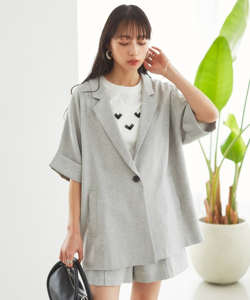 VIS（ビス）の「【接触冷感・洗える】リネンライクドルマンハーフスリーブジャケット【セットアップ対応】（テーラードジャケット・レディース・ライトグレー/ブラック/ホワイト系その他5・FREE）」の5枚目の写真