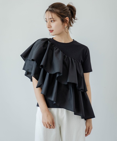 rectangle(レクタングル)の「アシンメトリーフリルTシャツ(Tシャツ/カットソー・レディース・オフホワイト/ブラック・FREE)」の10枚目の写真