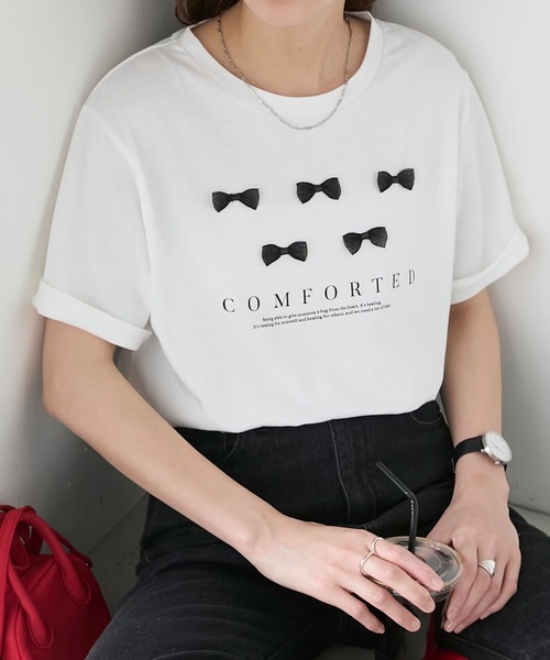 BONLECILL（ボンルシール）の「リボンモチーフロゴTEE（Tシャツ/カットソー・レディース・オフホワイト/ブラック・FREE）」の10枚目の写真