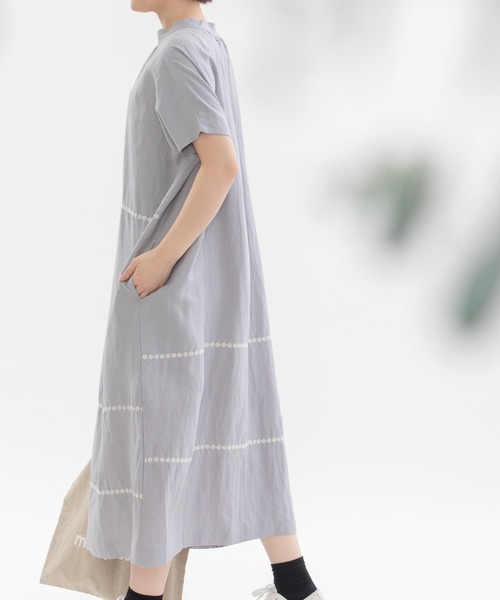 【nop de nod】リネンレーヨンライン刺繍2wayワンピース nop de nod（ノップドゥノッド）の「リネンレーヨンpolkaライン