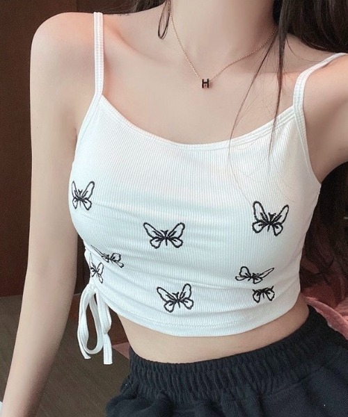 LADY LIKE(レディライク)の「バタフライ刺繍ショート丈カップ付きキャミソール(キャミソール・レディース・グレー/ブラック/ホワイト・M)」の2枚目の写真