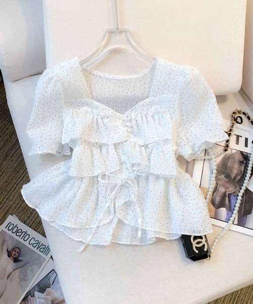 frunco（フランコ）の「ドローストリングドットブラウス（シャツ/ブラウス・レディース・アイボリー/ホワイト/グリーン・MEDIUM）」の2枚目の写真