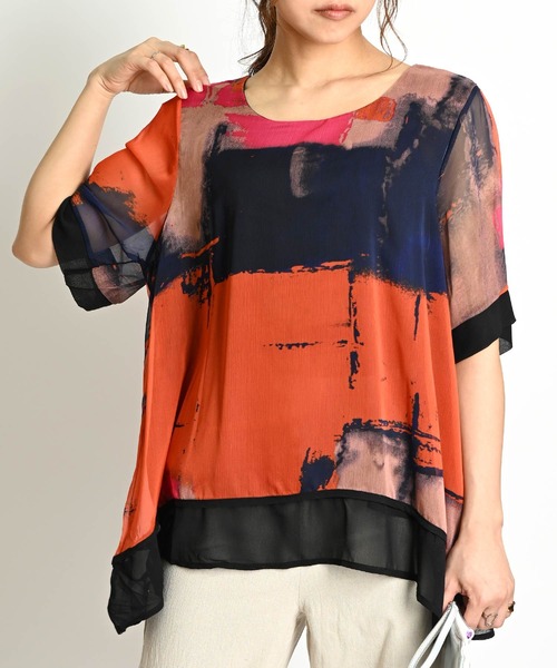 アート柄 半袖シアーカットソー ラウンドネック（Tシャツ/カットソー）｜ABBEY MARKET（アビーマーケット）