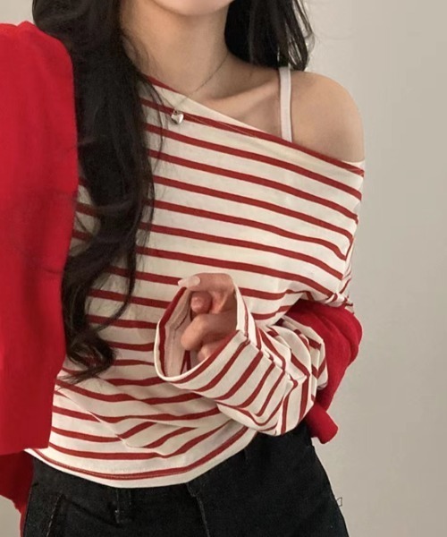 ECLIN（エクラン）の「オフショル長袖ボーダートップス（Tシャツ/カットソー・レディース・ブラック/レッド・M/L/XL）」の11枚目の写真