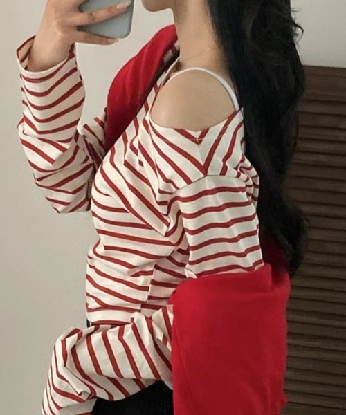 ECLIN（エクラン）の「オフショル長袖ボーダートップス（Tシャツ/カットソー・レディース・ブラック/レッド・M/L/XL）」の12枚目の写真