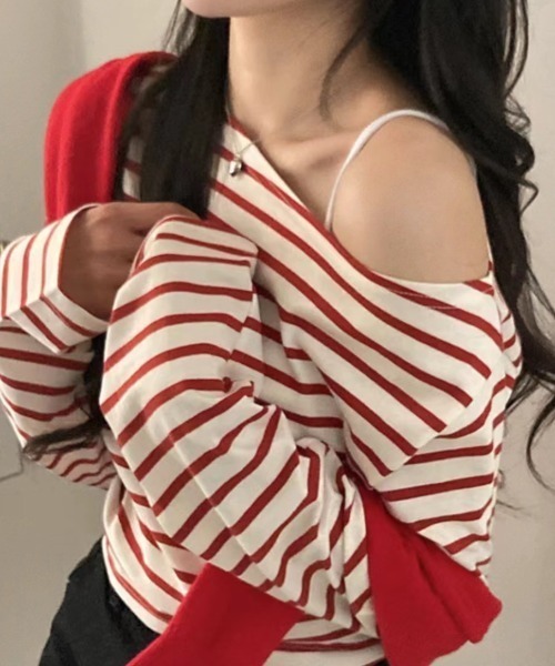 ECLIN（エクラン）の「オフショル長袖ボーダートップス（Tシャツ/カットソー・レディース・ブラック/レッド・M/L/XL）」の13枚目の写真