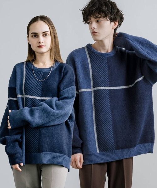 オーバーサイズ クロスチェック柄クルーニット（ニット/セーター）｜Rocky Monroe（ロッキーモンロー） 5,005円