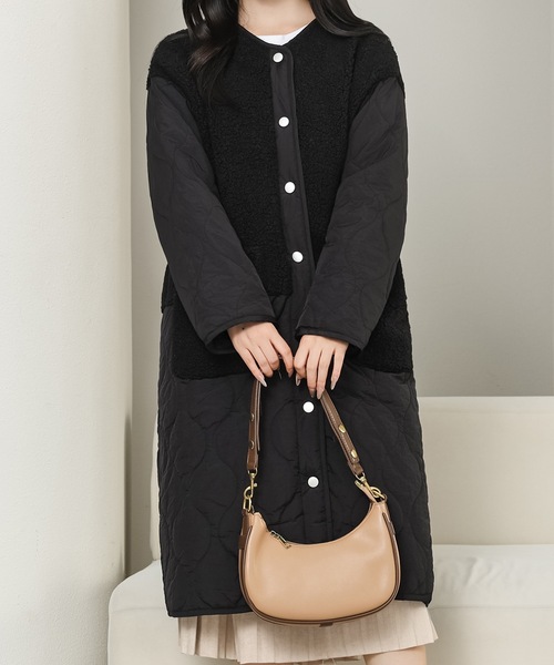 セール】ノーカラー ボア ドッキング キルティング コート（ノーカラー