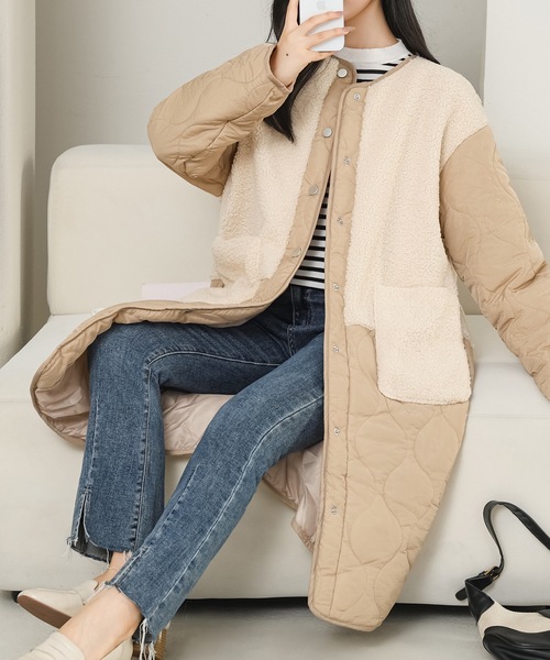 セール】ノーカラー ボア ドッキング キルティング コート（ノーカラー