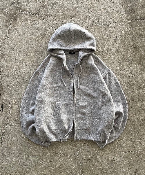 MandO（Auntie Rosa）（エムオー）の「【MandO】ダブルジップダメージニットフーディ（パーカー・メンズ・ブラック/グレー・MEDIUM/LARGE）」の2枚目の写真